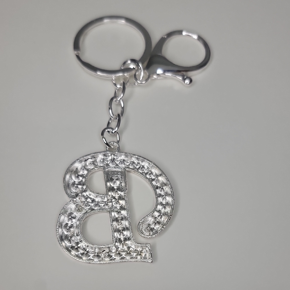 Letter B Initial B Alphabet B Rhinestone Silver Key Chain Bag Charm - Picture 4 of 6
